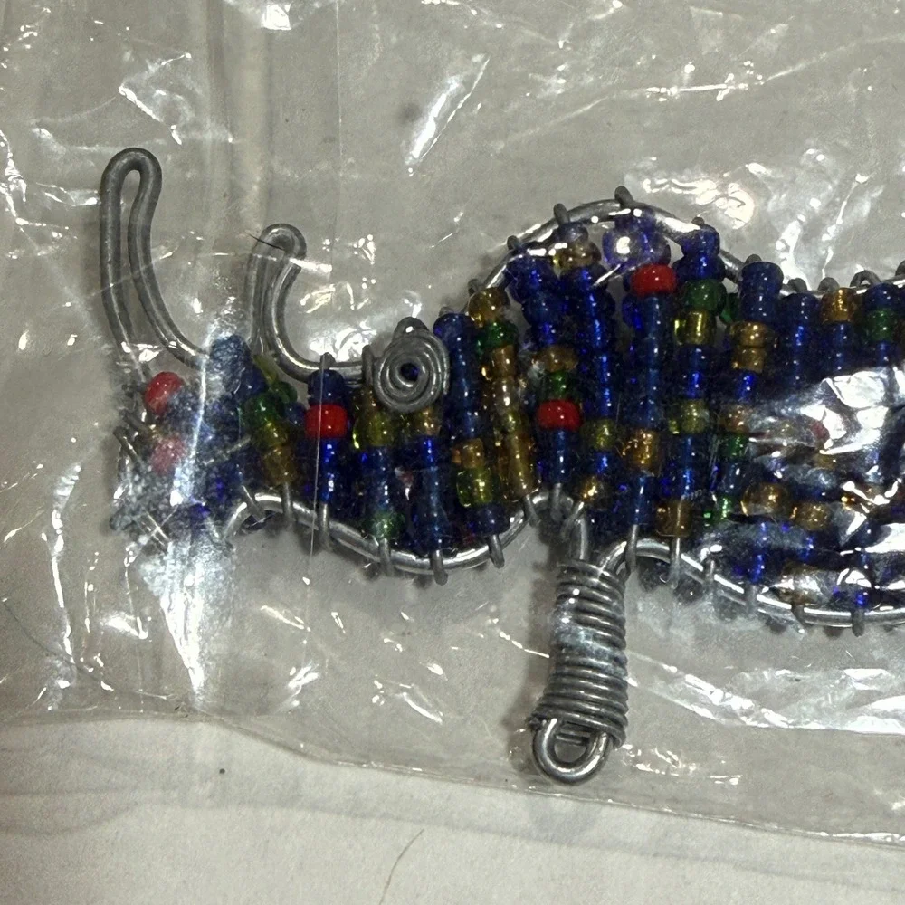 Handmade Beaded Wire Rhinoceros Keychain Blue Red Animal Art Bag Charm